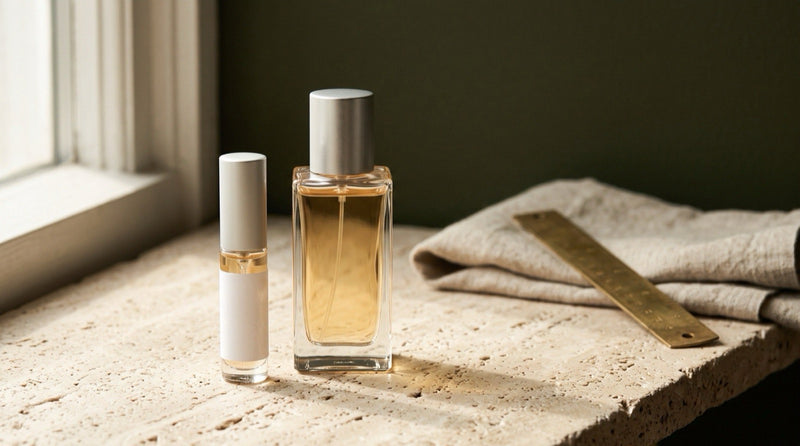 A clear-glass 5 ml atomizer with a silver cap standing beside a tall unbranded fragrance bottle on a travertine ledge in warm daylight