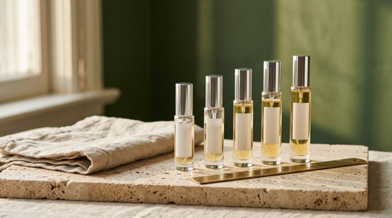 Five clear-glass 5 ml fragrance atomizers with silver caps arranged in a row on a travertine surface beside a folded linen cloth