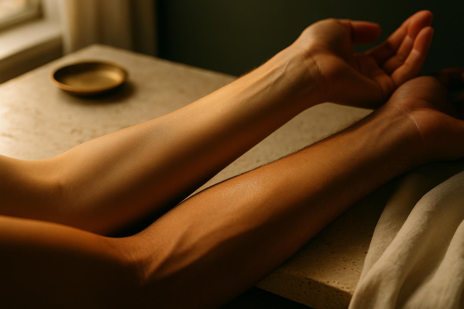 Two forearms held side by side on a travertine surface, each with a single spray of the same fragrance drying on the skin