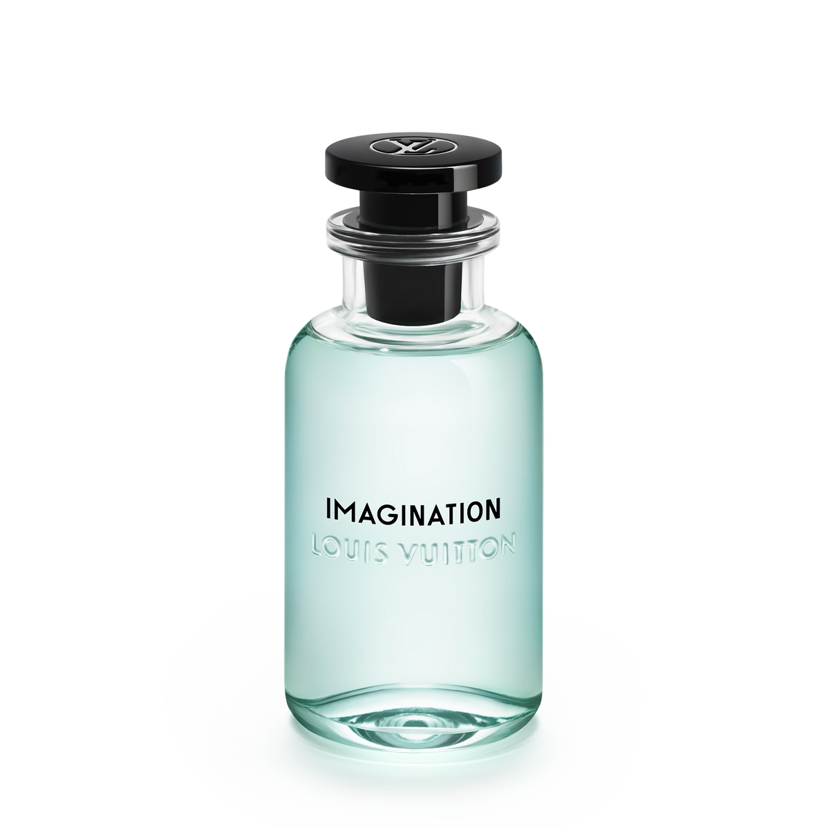 Louis Vuitton Imagination retail bottle with pale aqua fragrance and a black cap