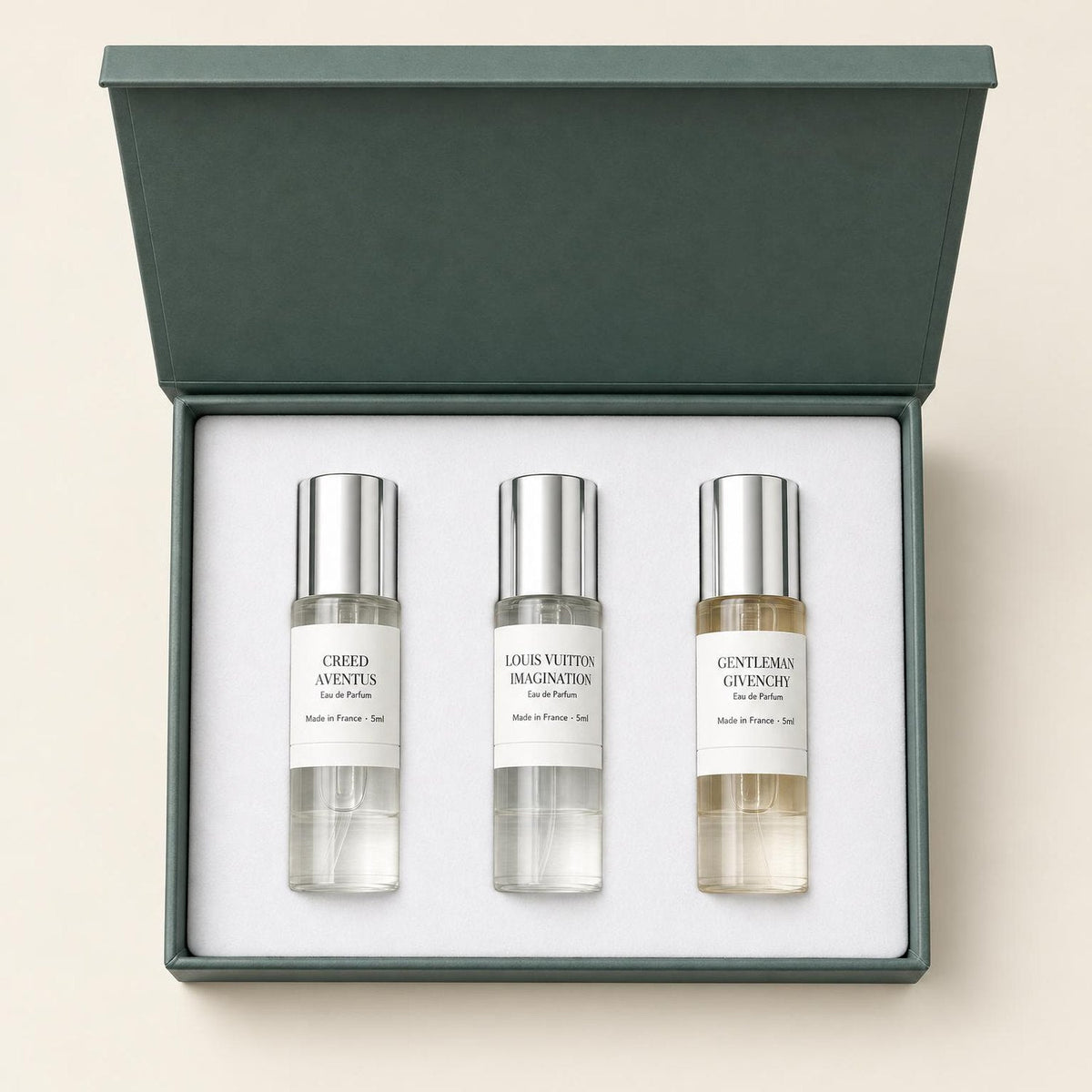 Base Note gift box seen from the front with three labeled 5ml vials in a white insert